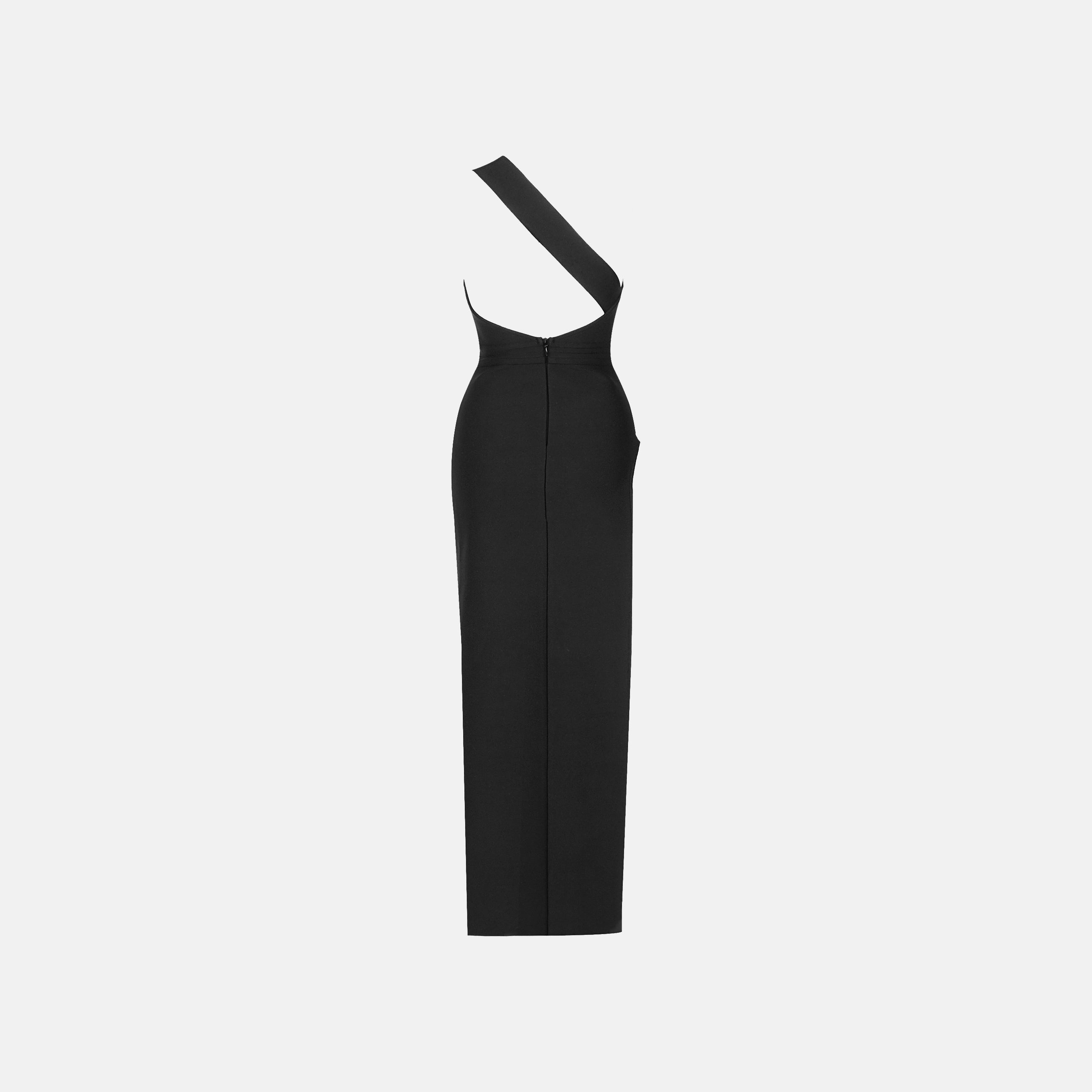 Abito lungo fasciante monospalla con cut-out di colore nero