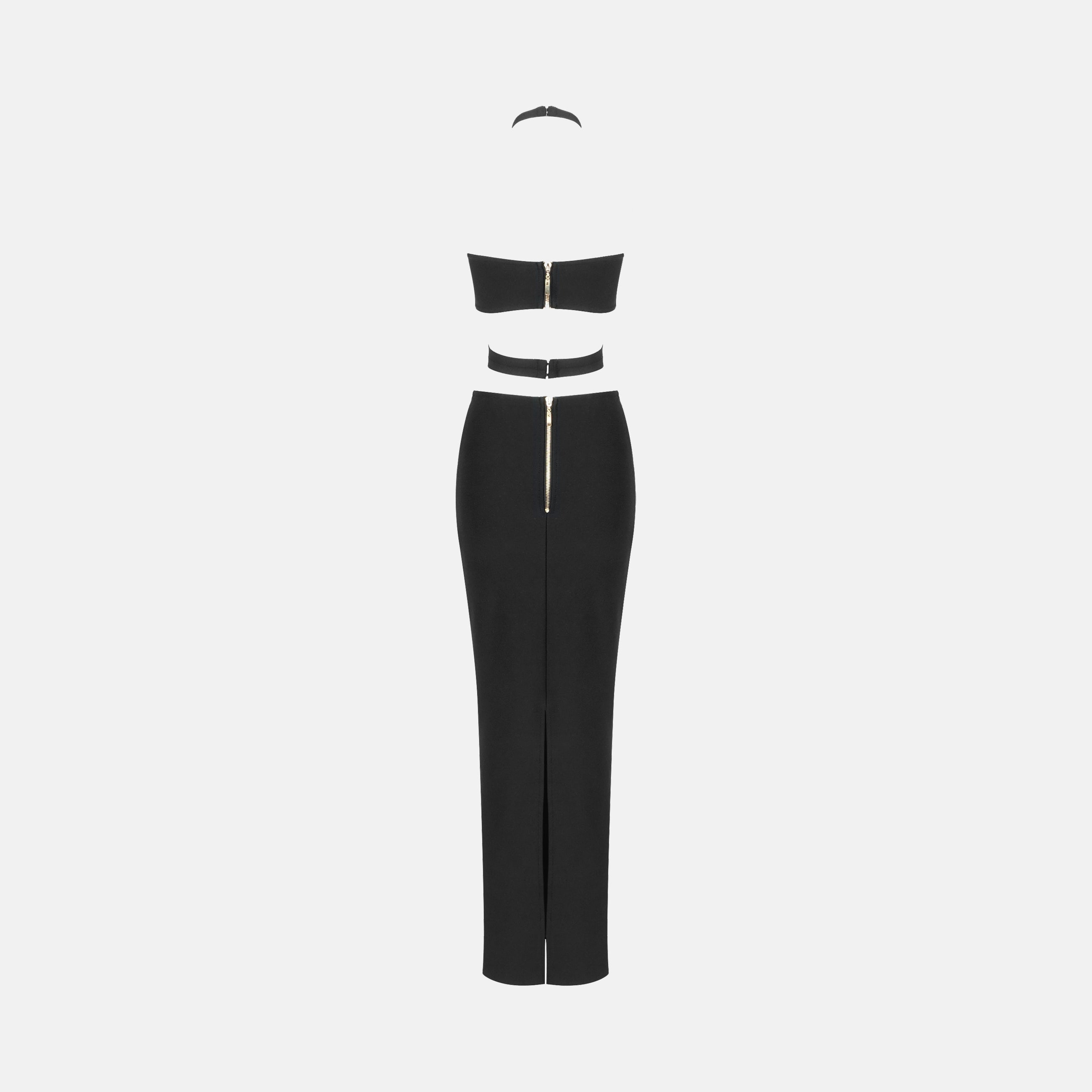 Abito midi fasciante con scollo a fascia e stringhe di colore nero