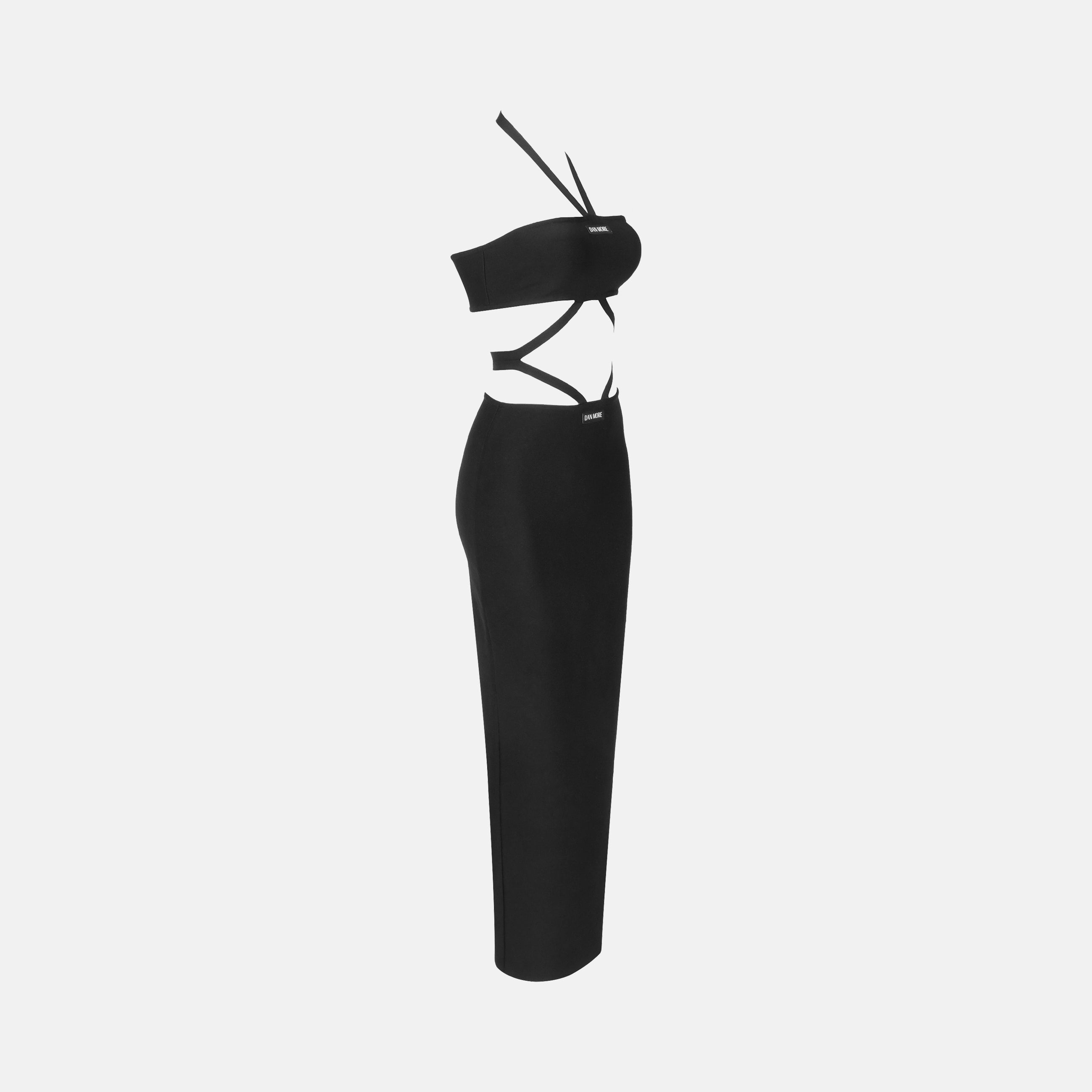 Abito midi fasciante con scollo a fascia e stringhe di colore nero