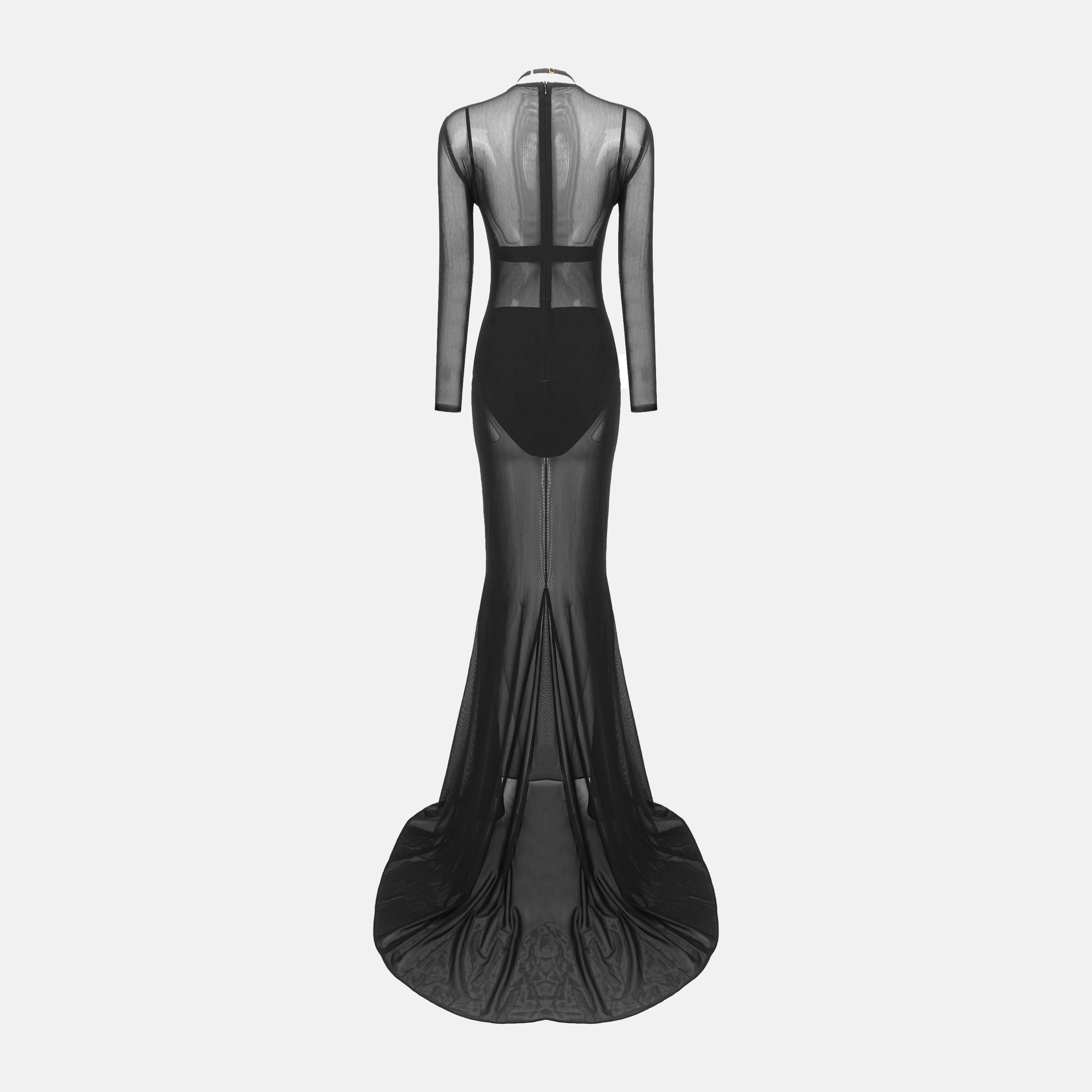 Abito lungo fasciante a coda velato con lingerie di colore nero