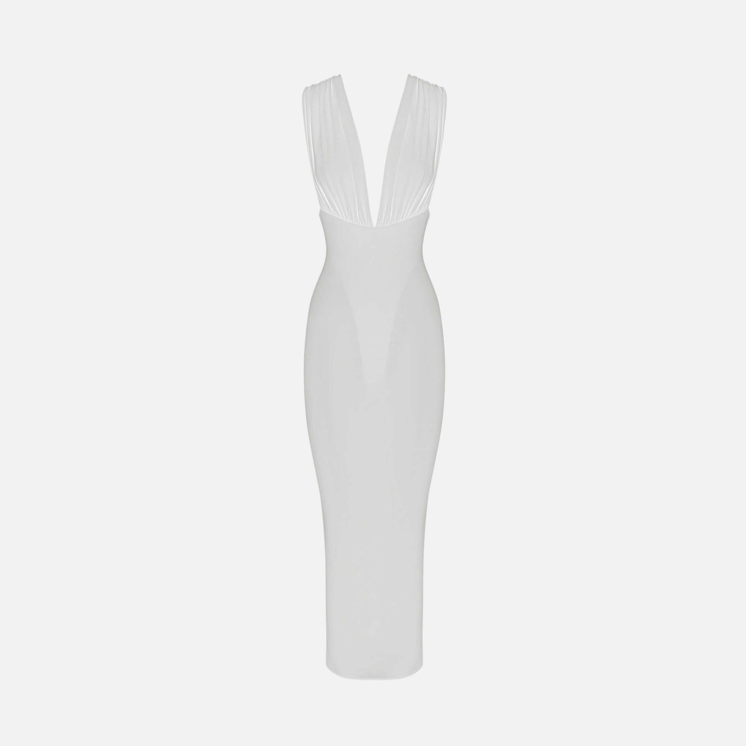 White draped V neck midi dress