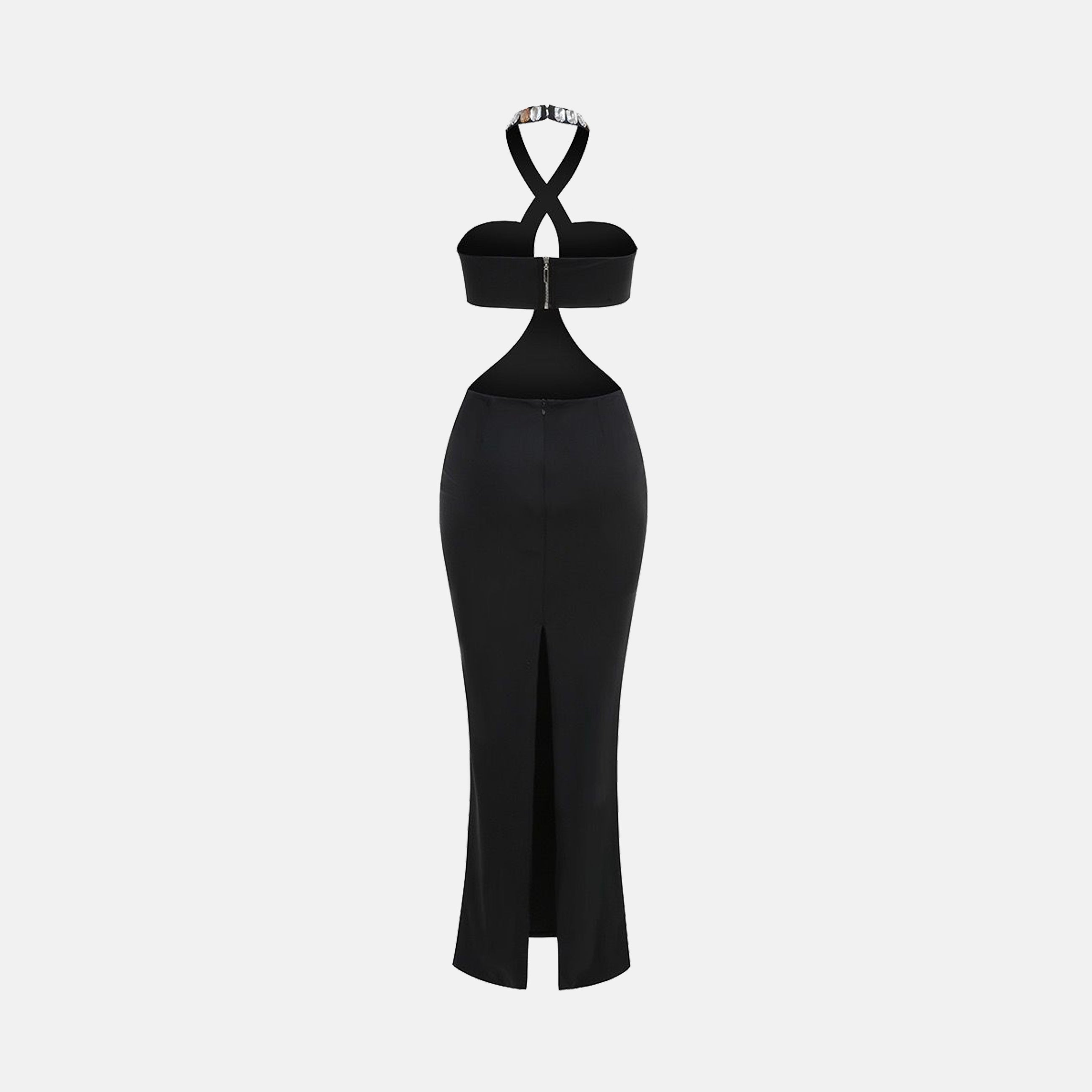 Black crossed jewel neckline dress