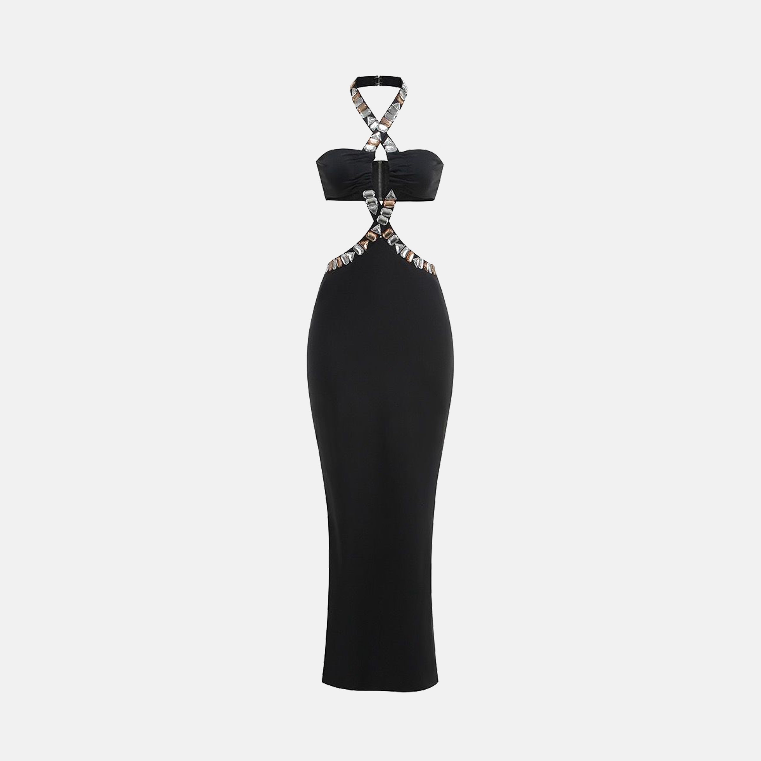 Black crossed jewel neckline dress