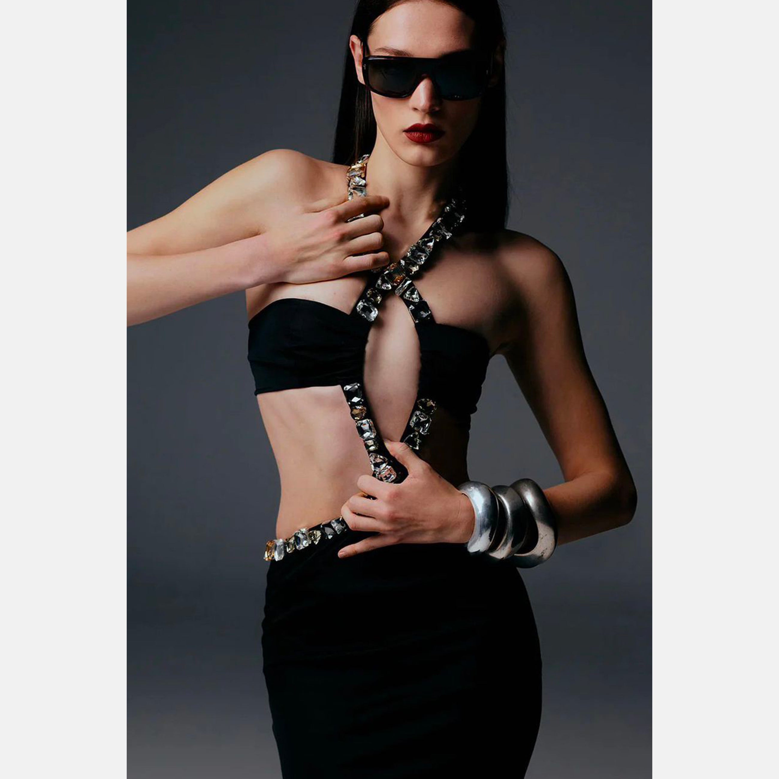 Black crossed jewel neckline dress