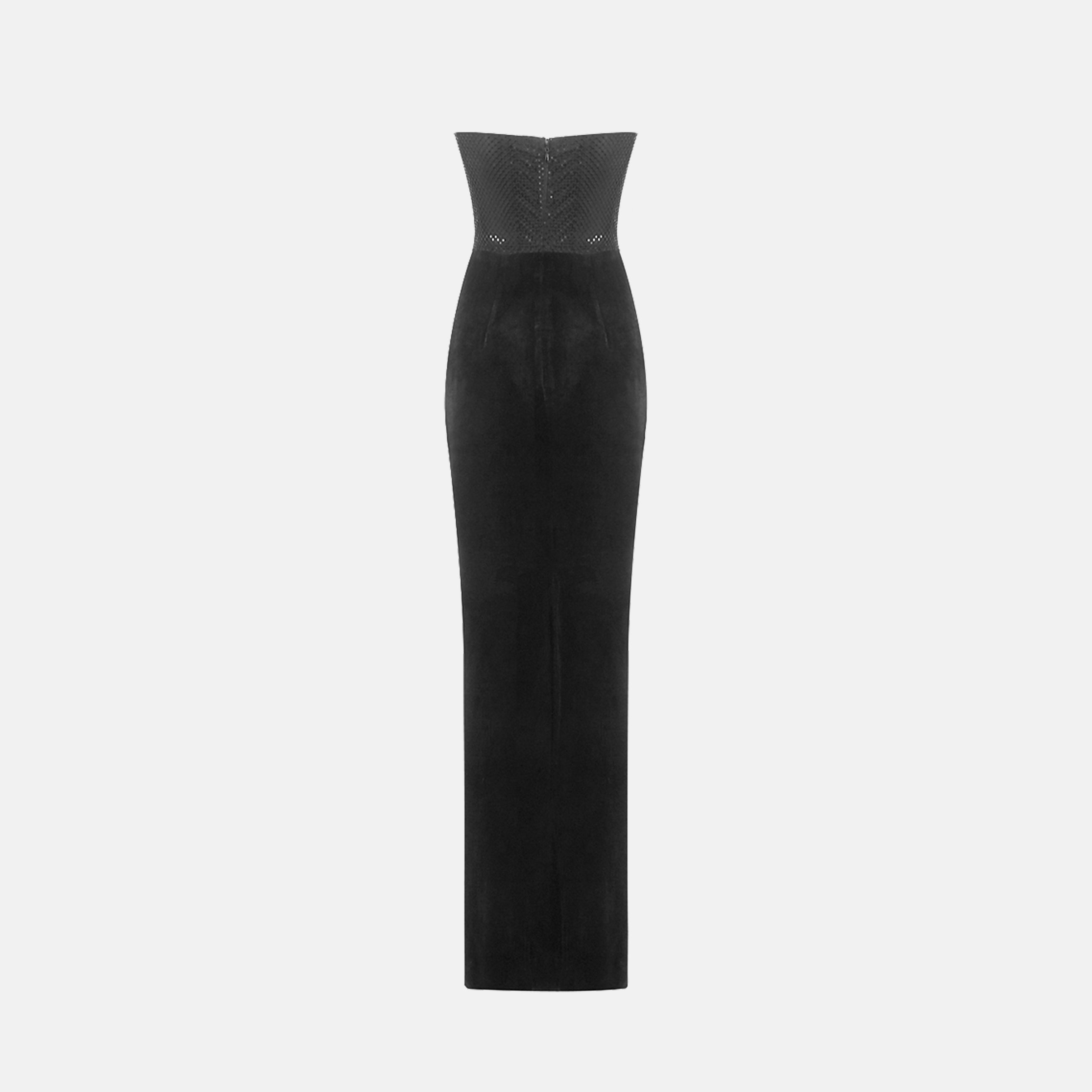 Abito lungo con bustier ricamato in paillettes in velluto di colore nero