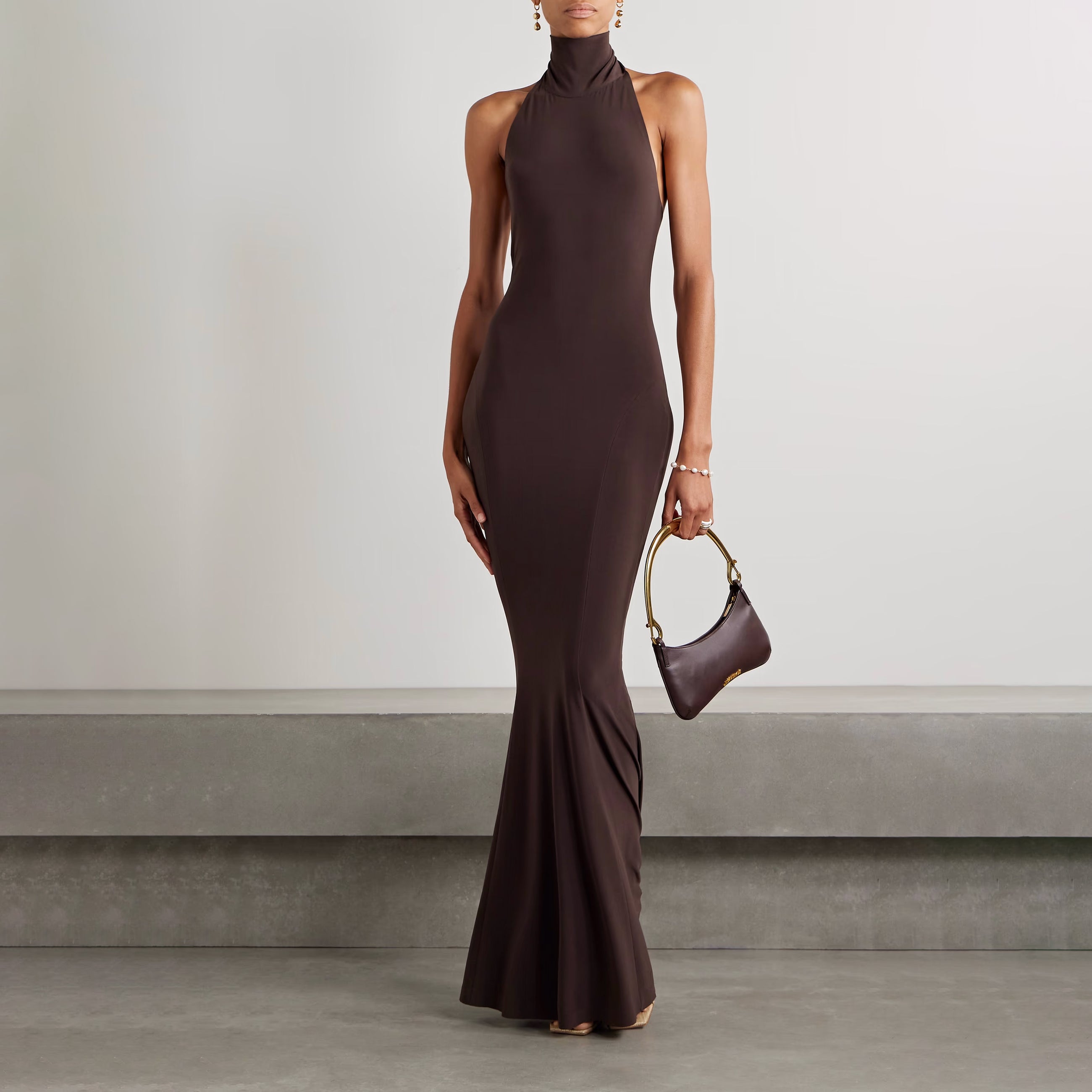 Chocolate jersey turtleneck dress