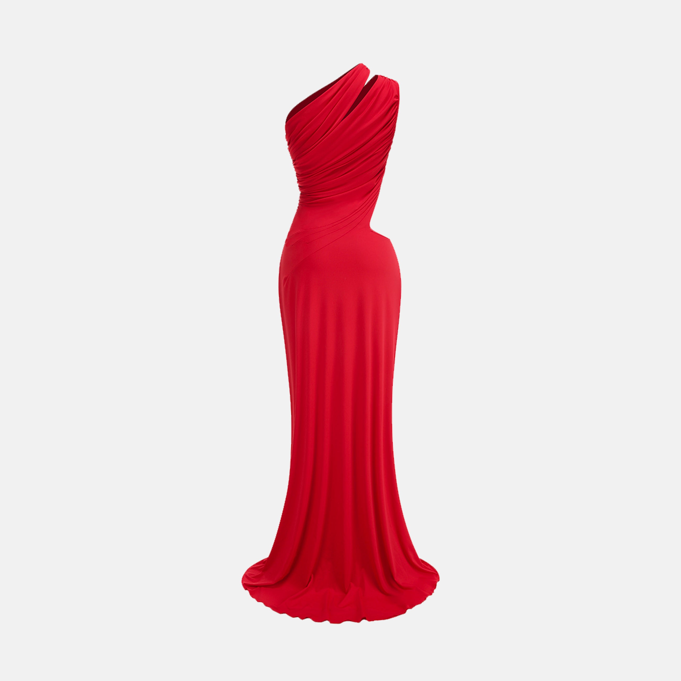Red jersey one sleeve draped dress