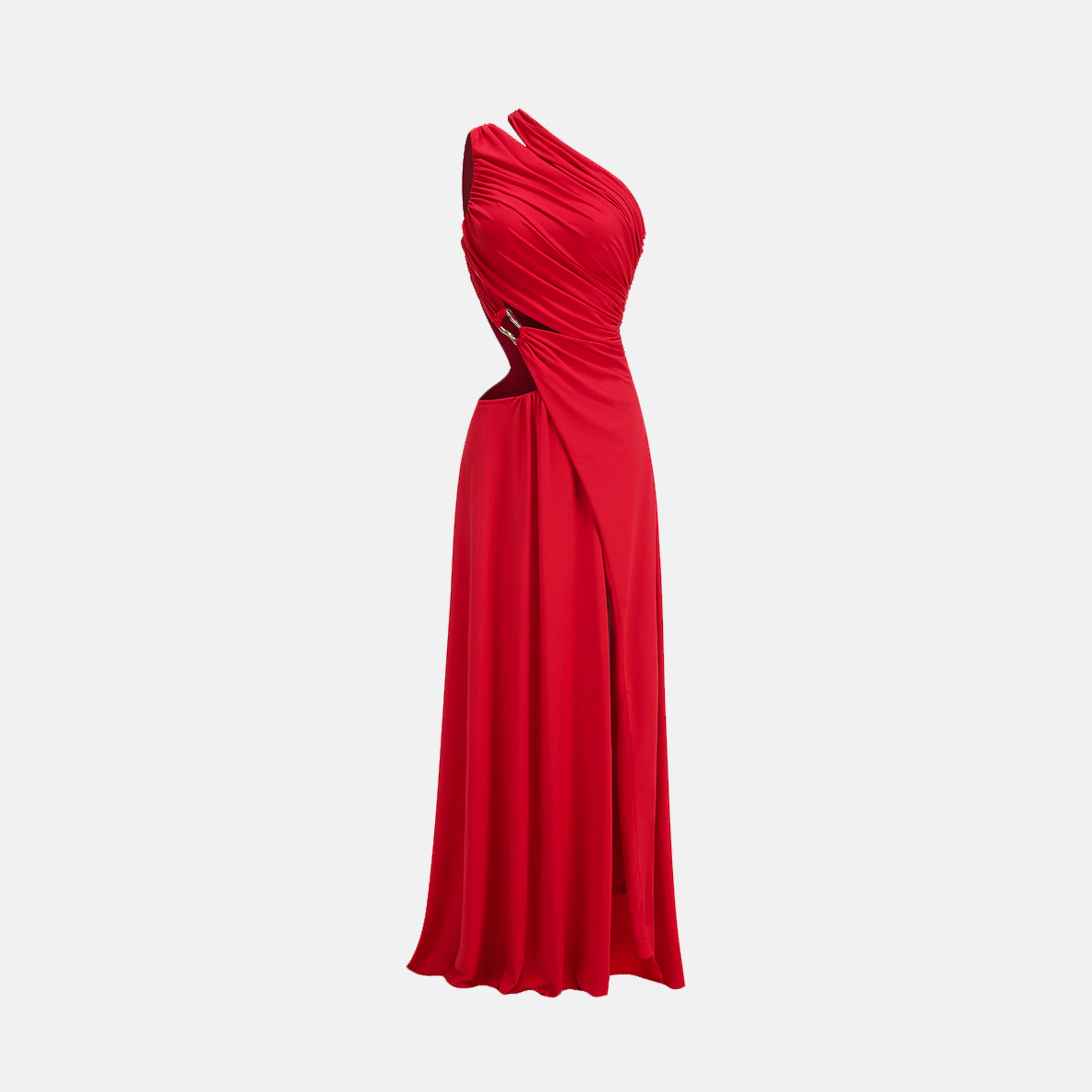 Red jersey one sleeve draped dress
