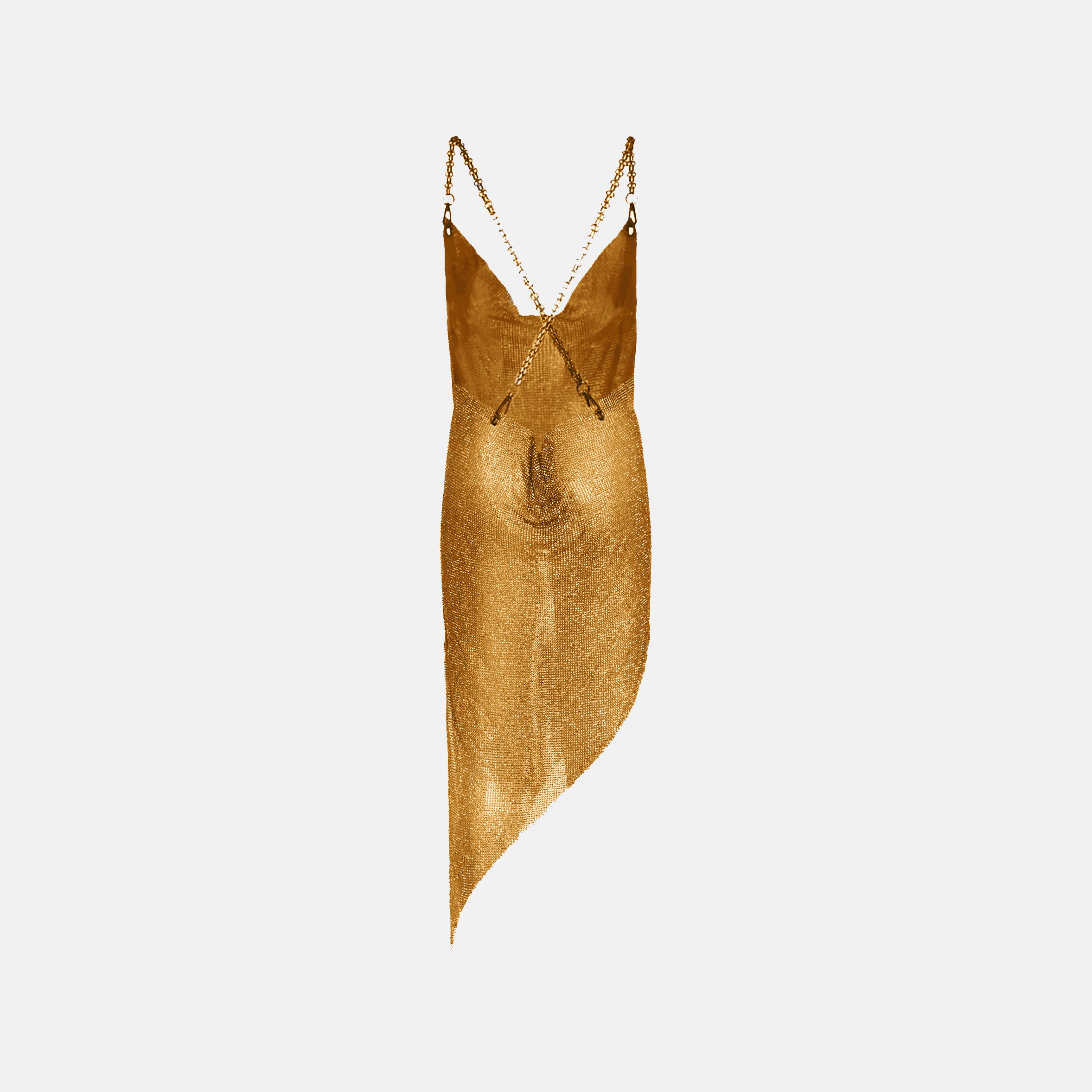 Abito midi asimmetrico in maglia di cristalli oro