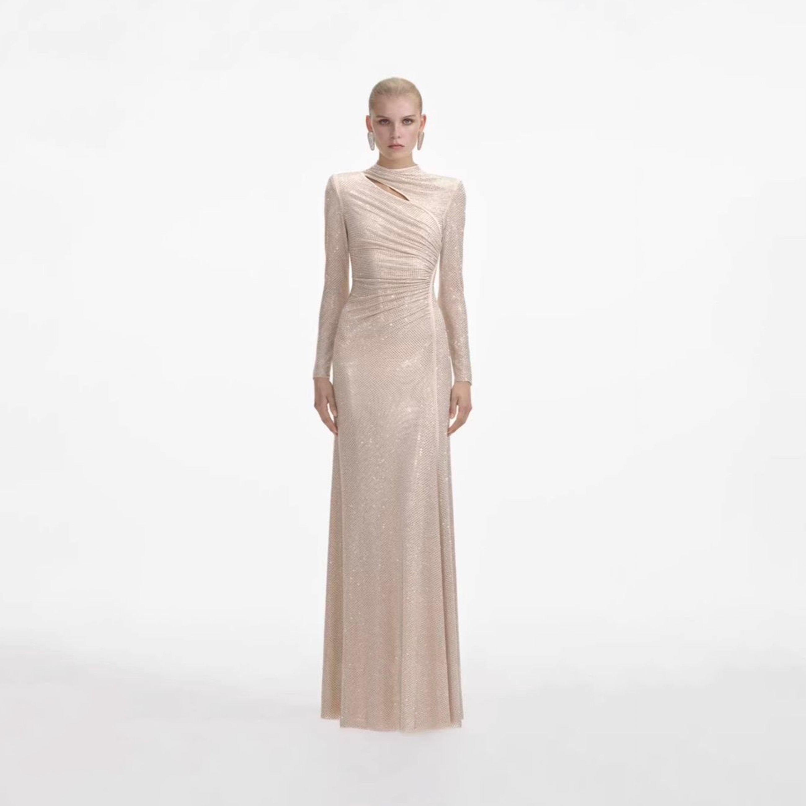 Abito lungo con cut-out in jersey di cristalli champagne