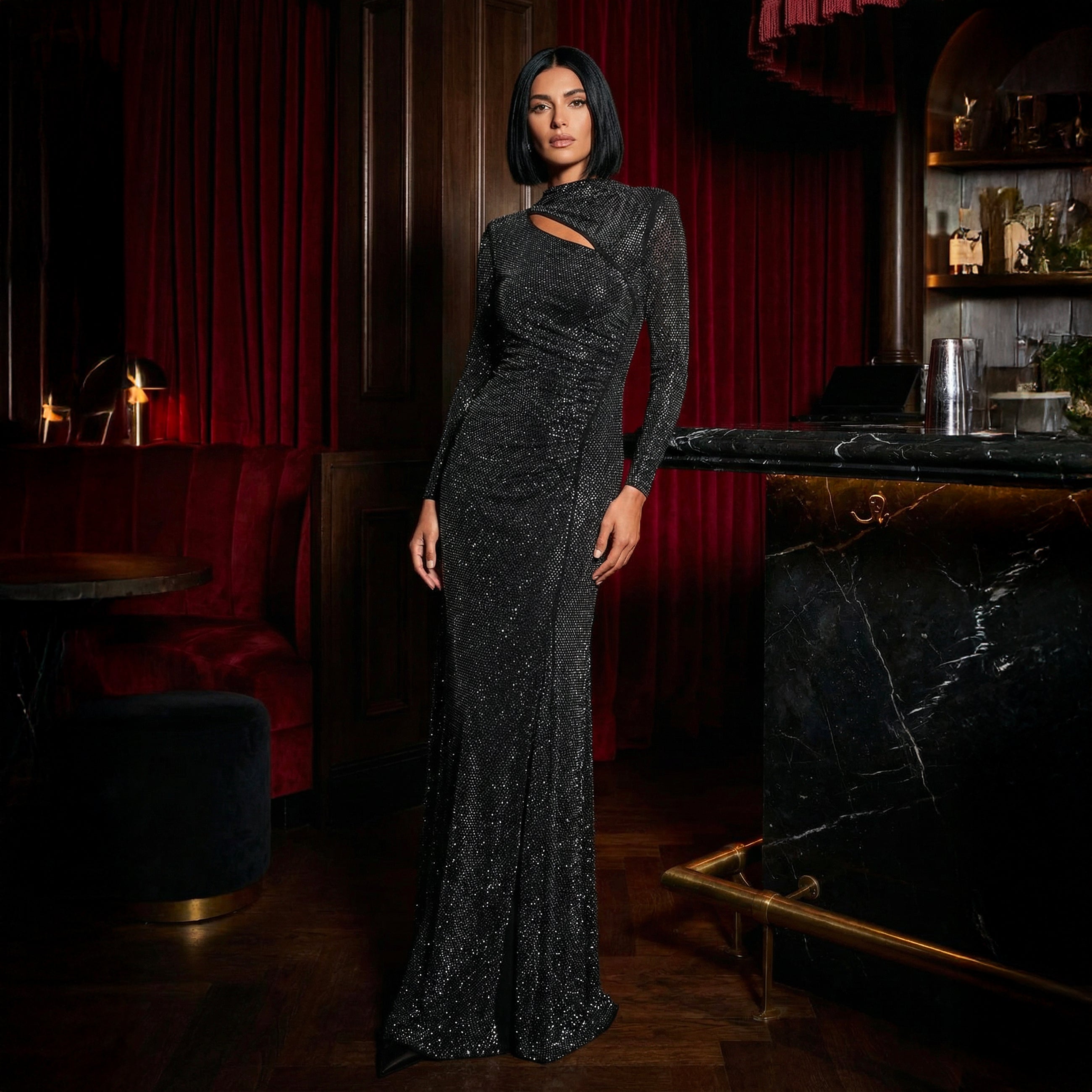 Black crystals draped dress