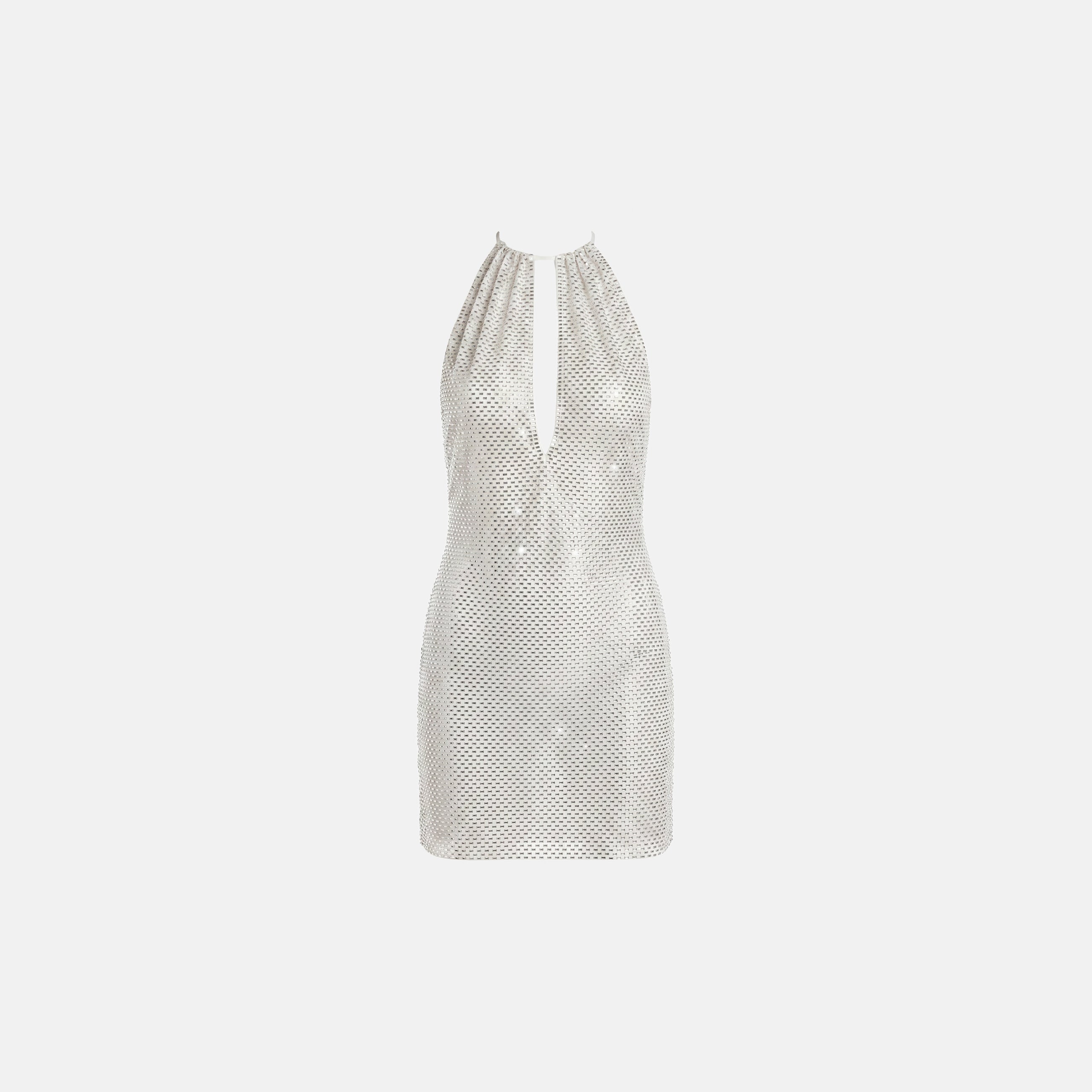 White crystal mesh V-neck mini dress