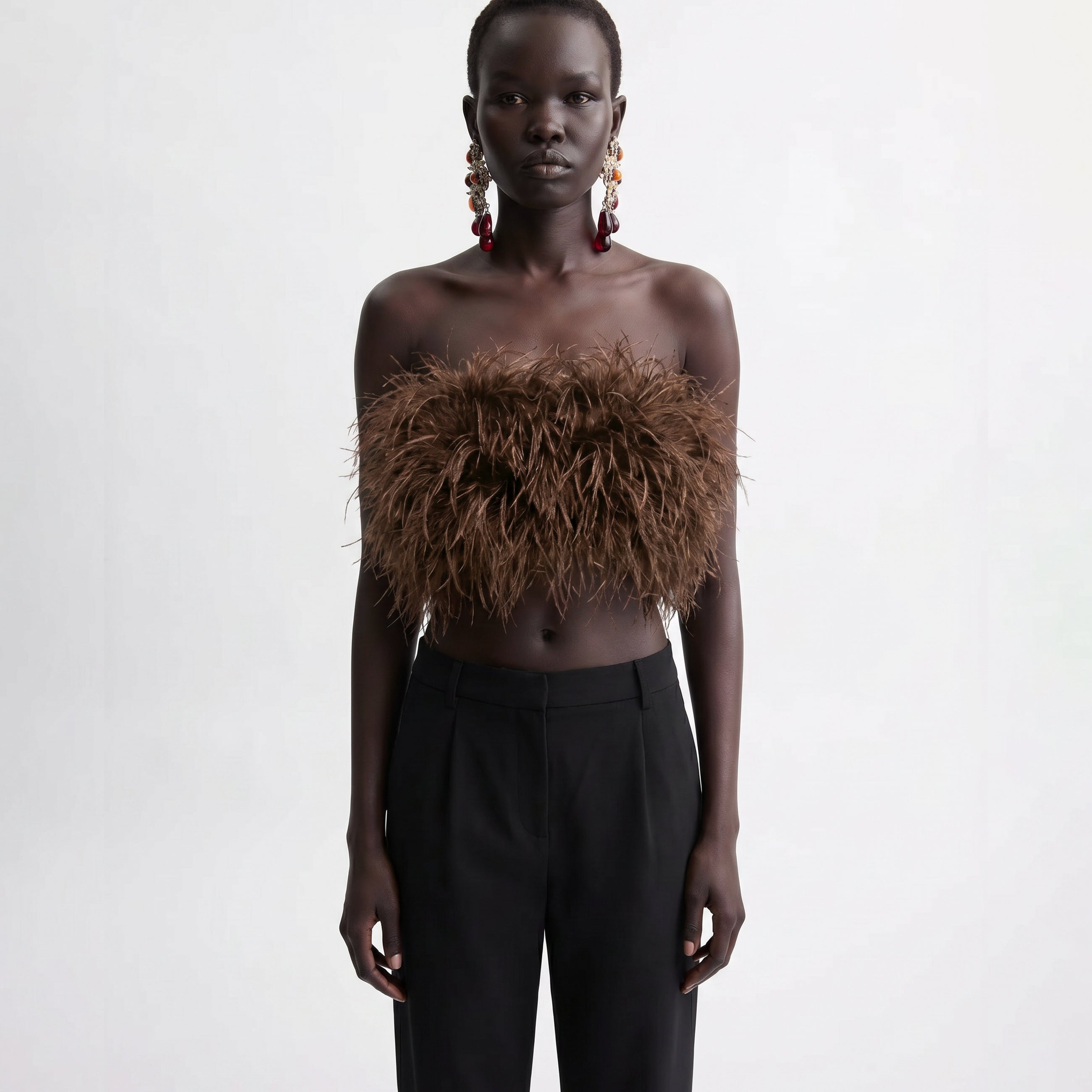 Brown ostrich feather bandeau top