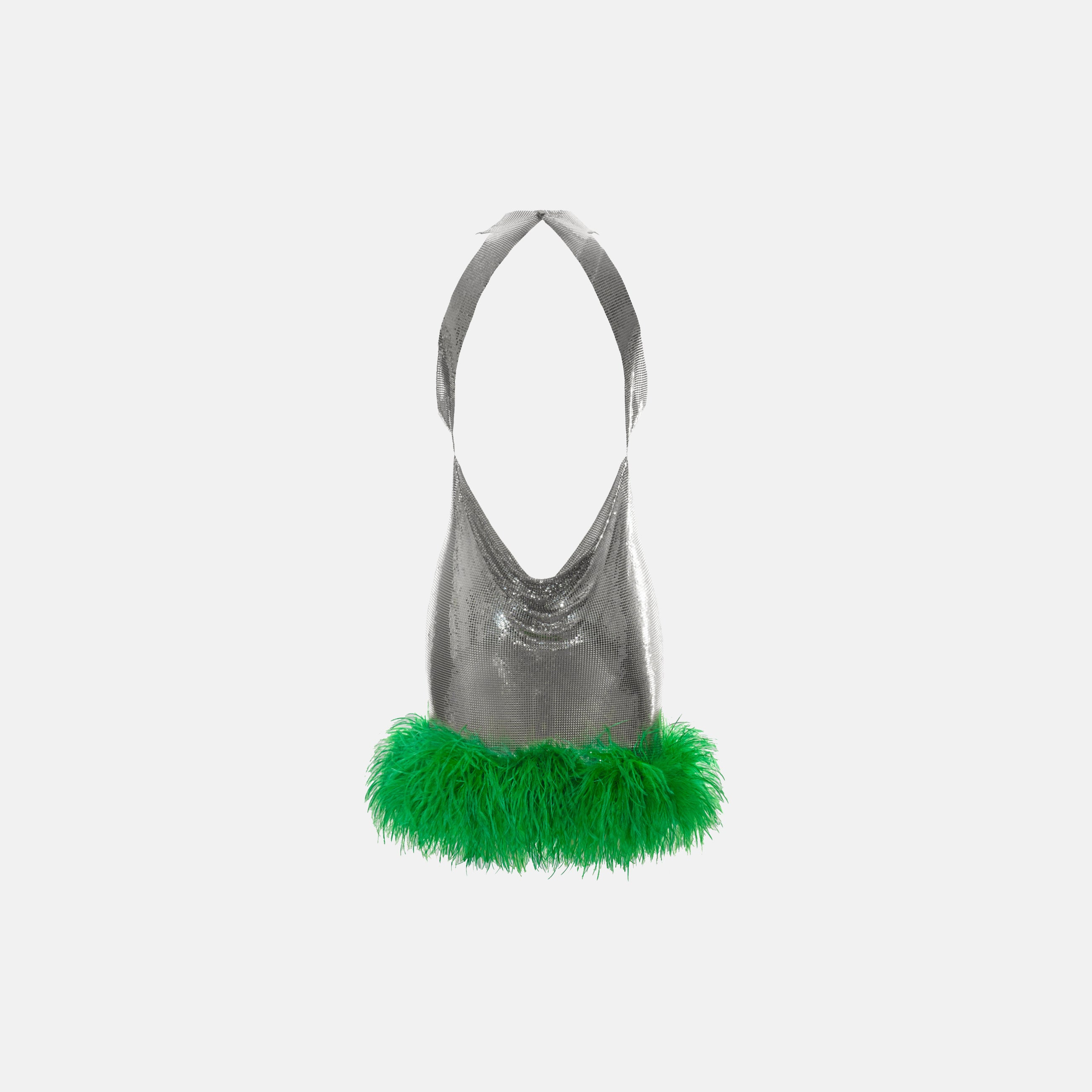 Mini abito in maglia metallica platino con piume verde smeraldo
