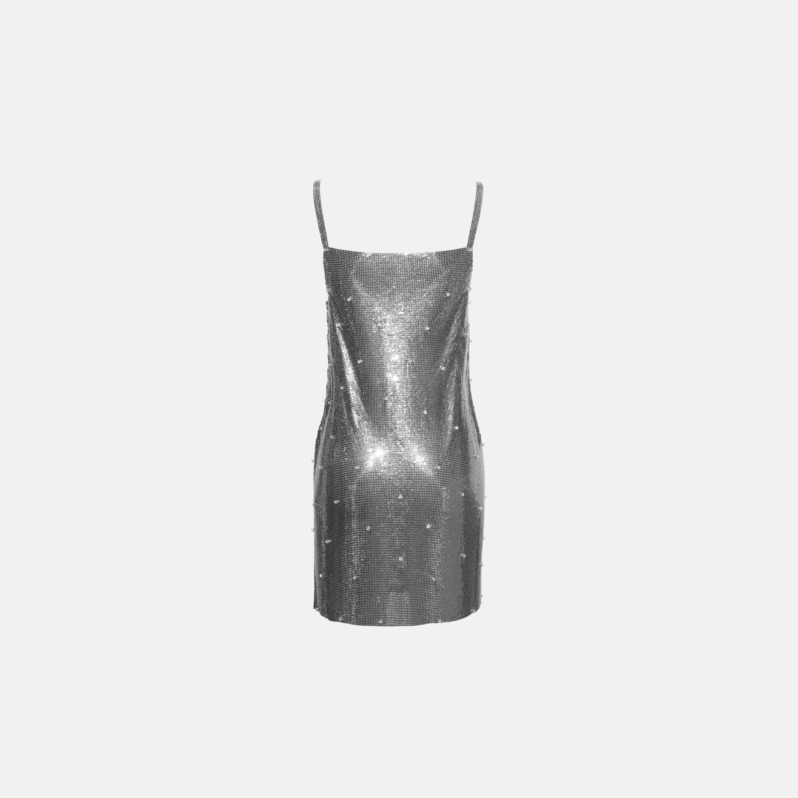 Mini abito in maglia metallica platino con punti luce in cristallo