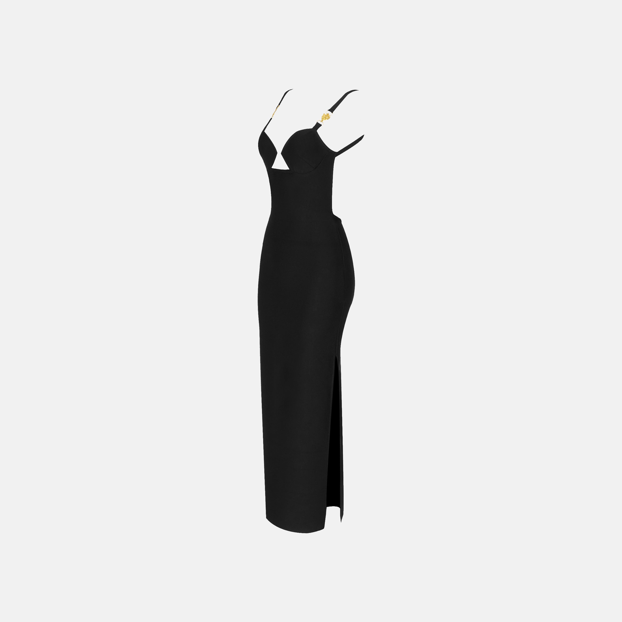 Abito lungo fasciante con bretelle Pantera gioiello di colore nero