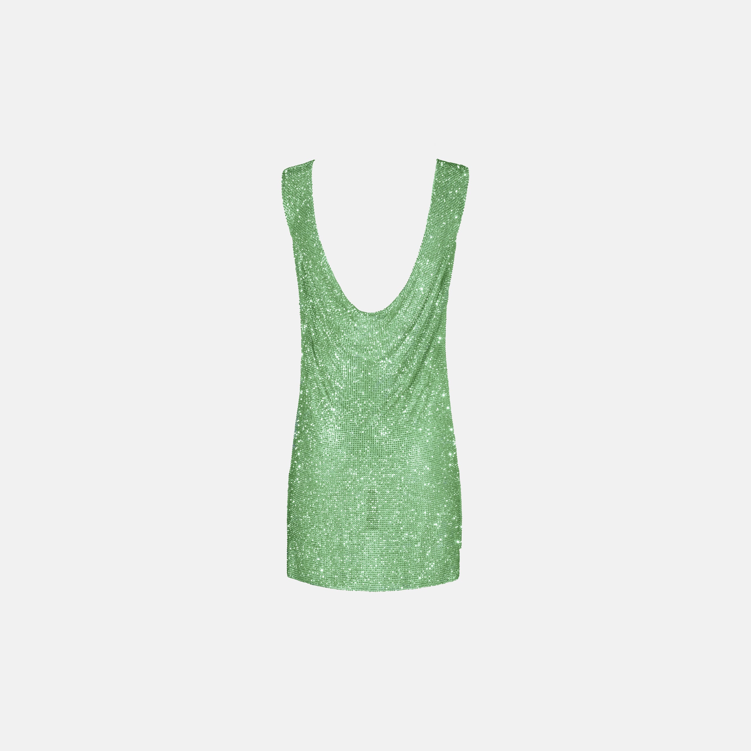 Mini abito con scollo drappeggiato in maglia di cristalli verde smeraldo