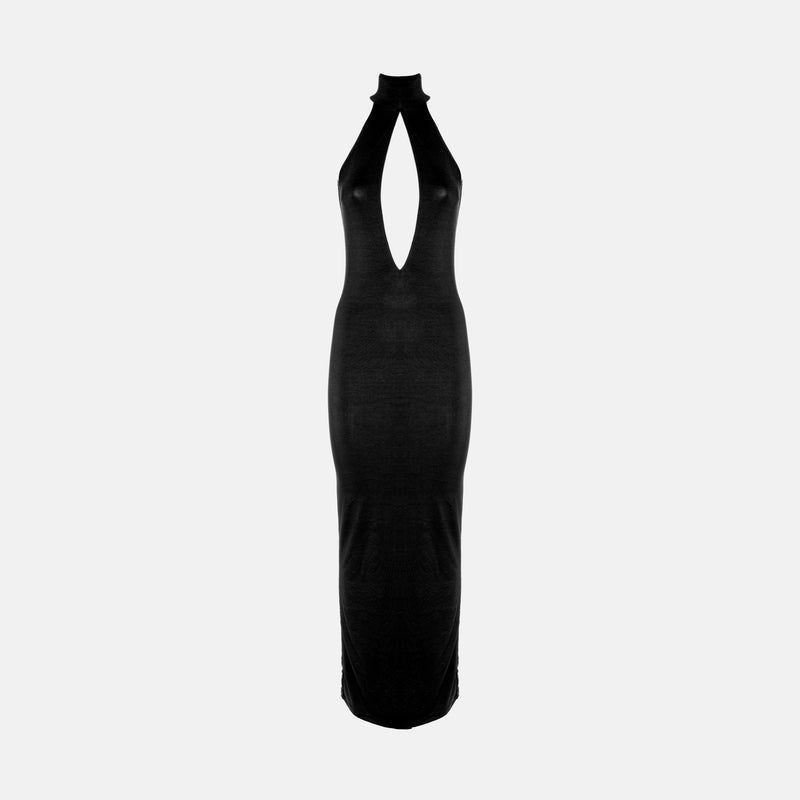 Black halter neck jersey silk dress