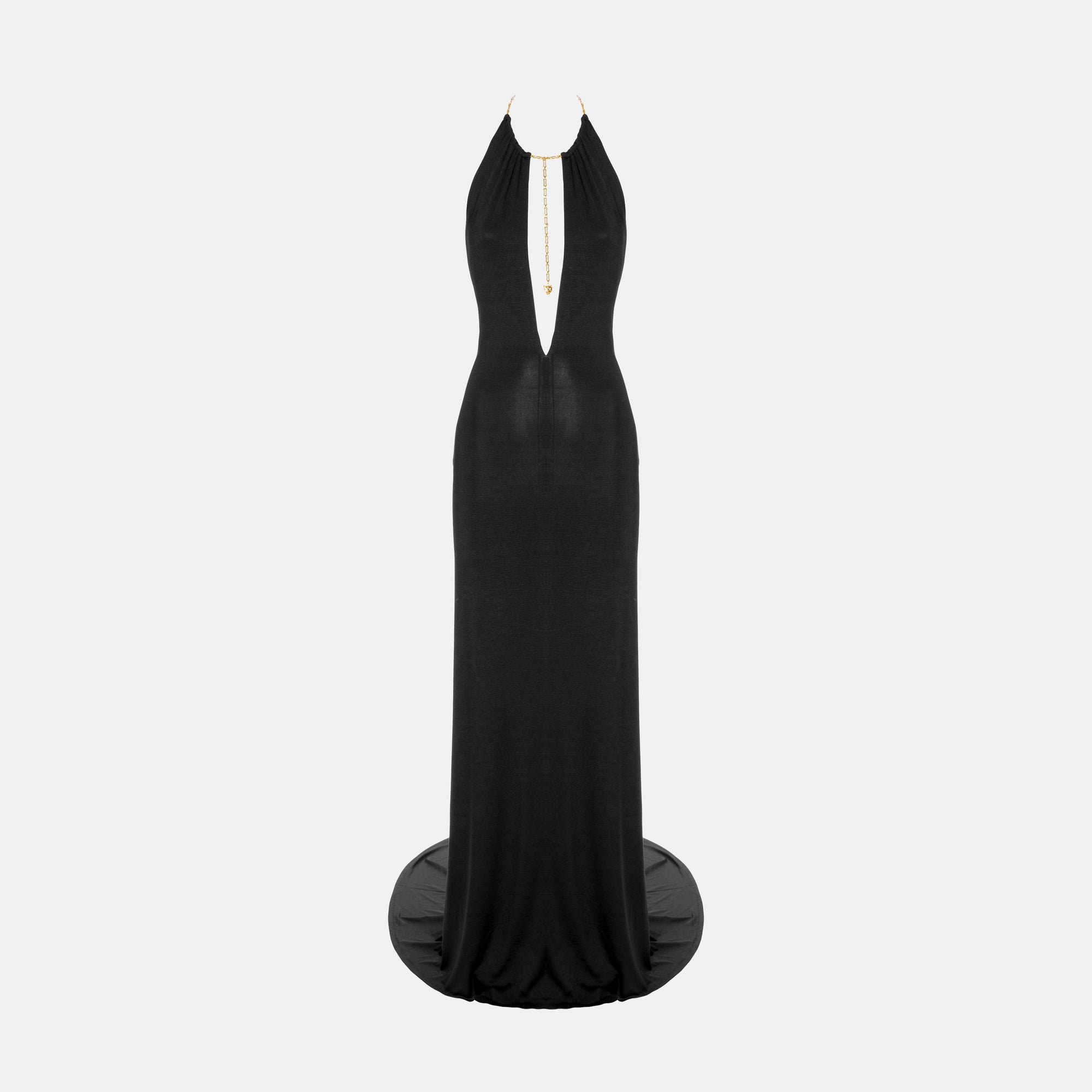 Black halter neck jersey silk evening dress