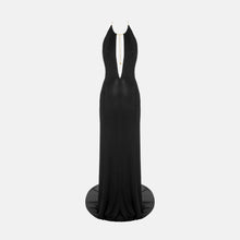 Black halter neck jersey silk evening dress