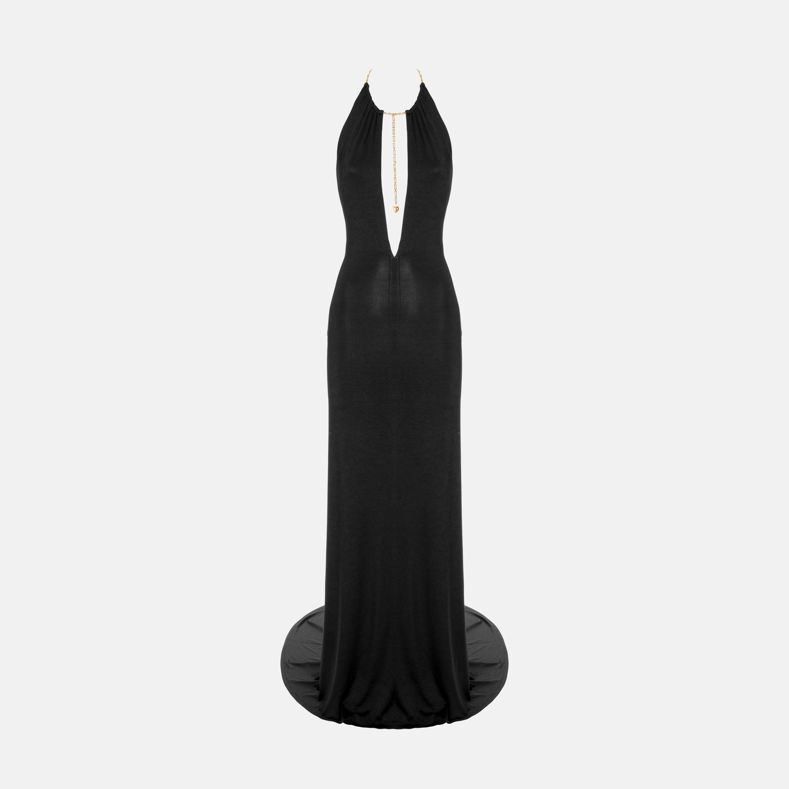 Black halter neck jersey silk evening dress