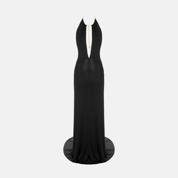 Black halter neck jersey silk evening dress