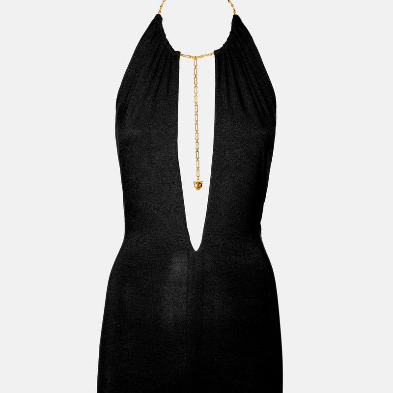 Black halter neck jersey silk evening dress