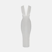 White draped V neck midi dress