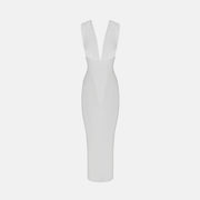 White draped V neck midi dress