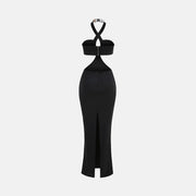 Black crossed jewel neckline dress