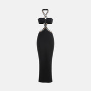 Black crossed jewel neckline dress