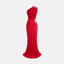 Red jersey one sleeve draped dress