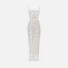 Abito midi scultoreo in pizzo con bustier steccato di colore bianco