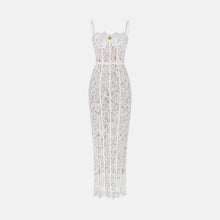 Abito midi scultoreo in pizzo con bustier steccato di colore bianco