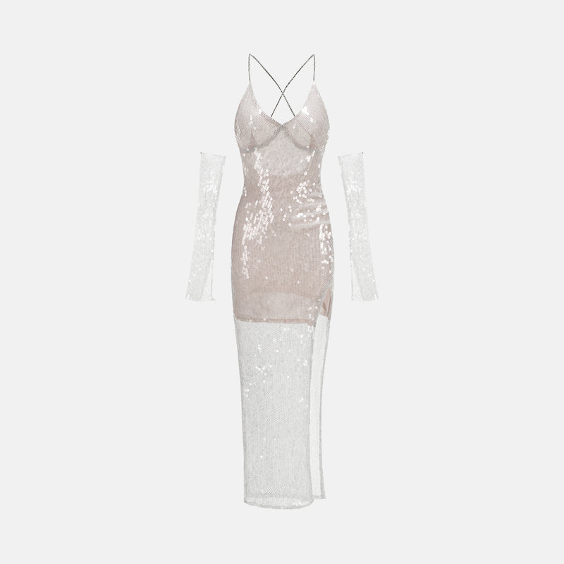 Silver sheer sequins dress
