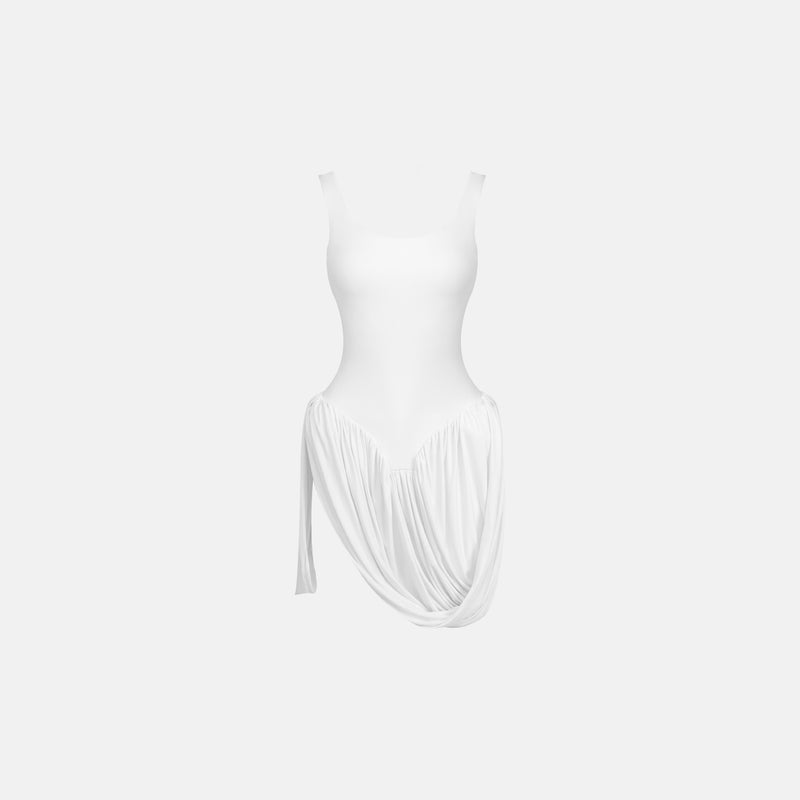 Mini abito in jersey con gonna drappeggiata di colore bianco