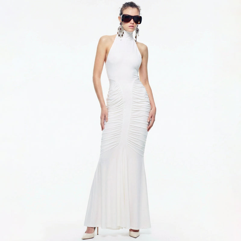 Abito lungo in jersey con drappeggi di colore bianco