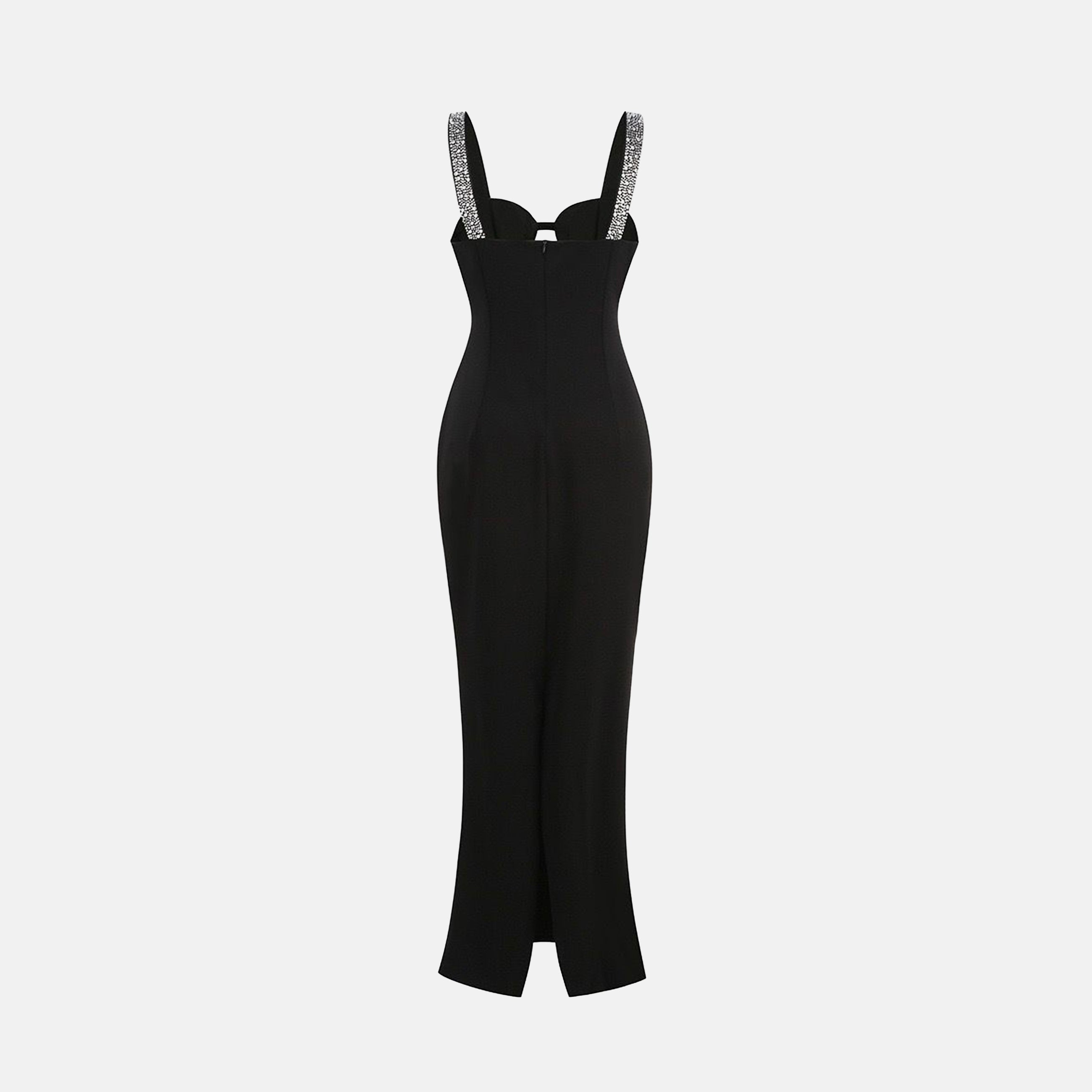 Long black jersey dress with crystals