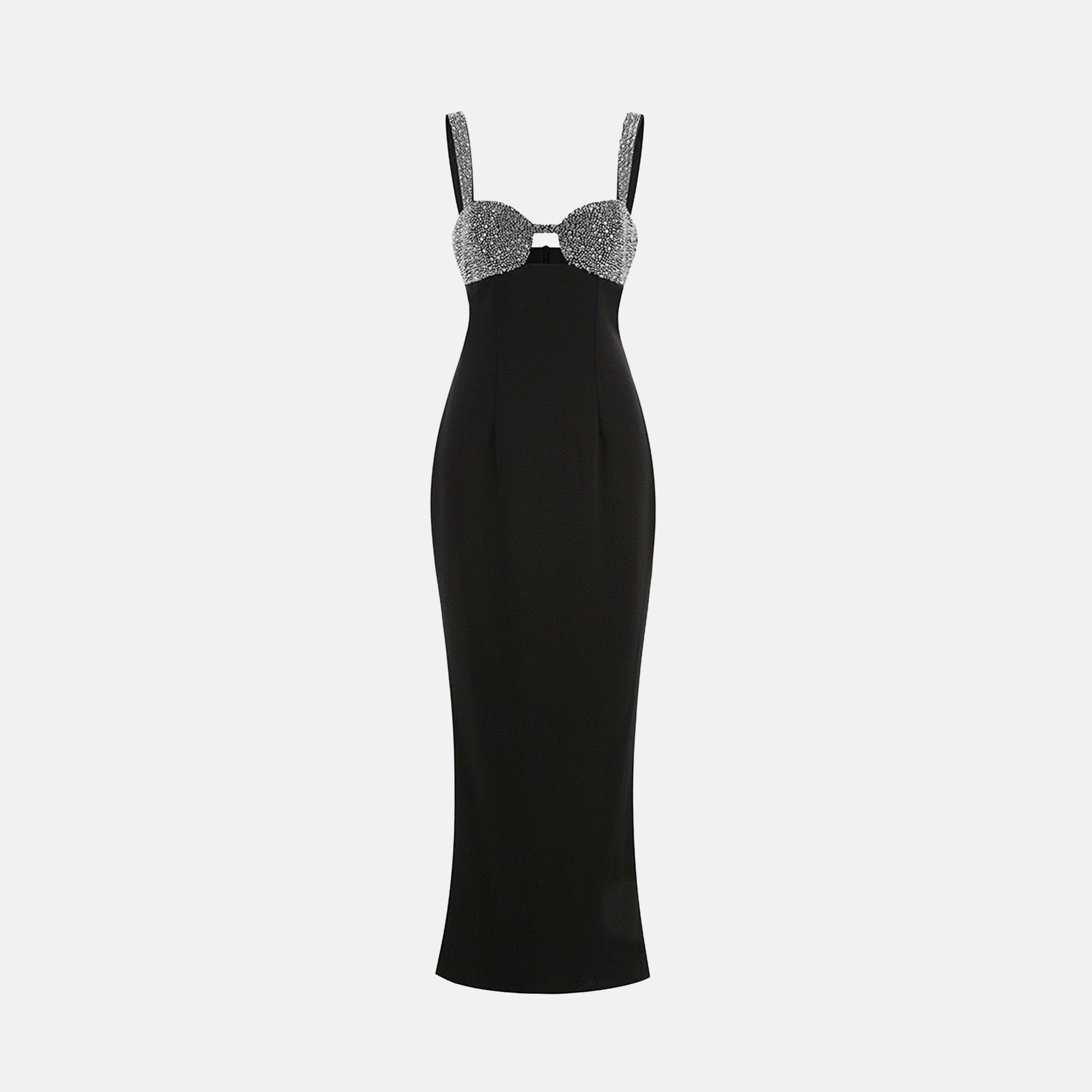 Long black jersey dress with crystals