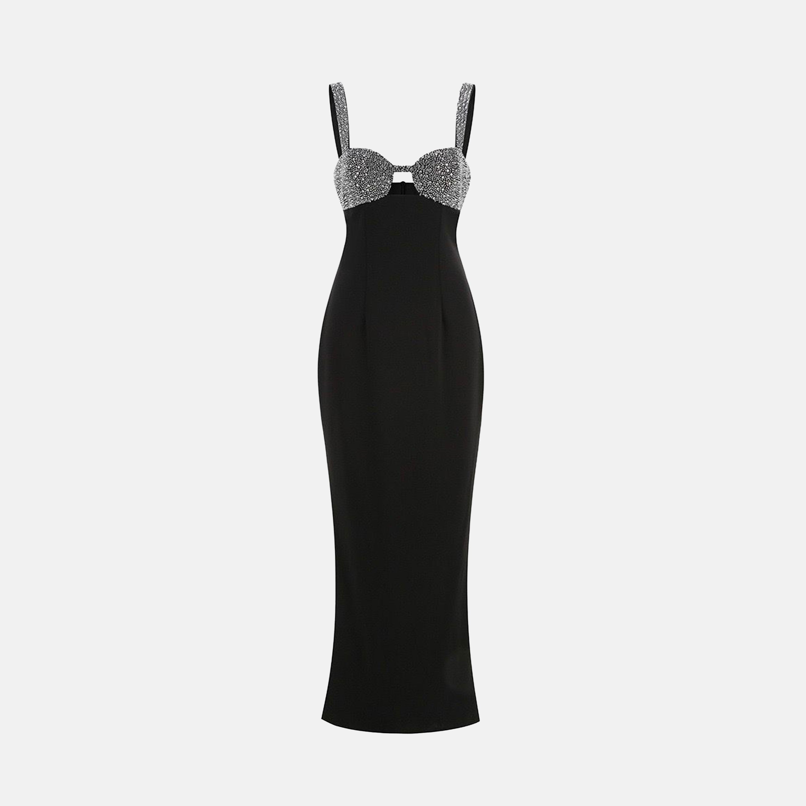 Long black jersey dress with crystals