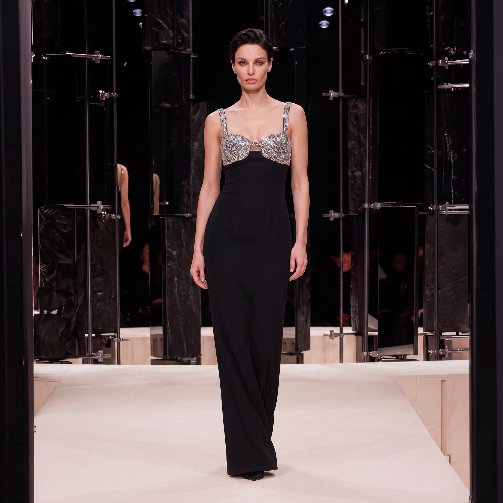 Long black jersey dress with crystals