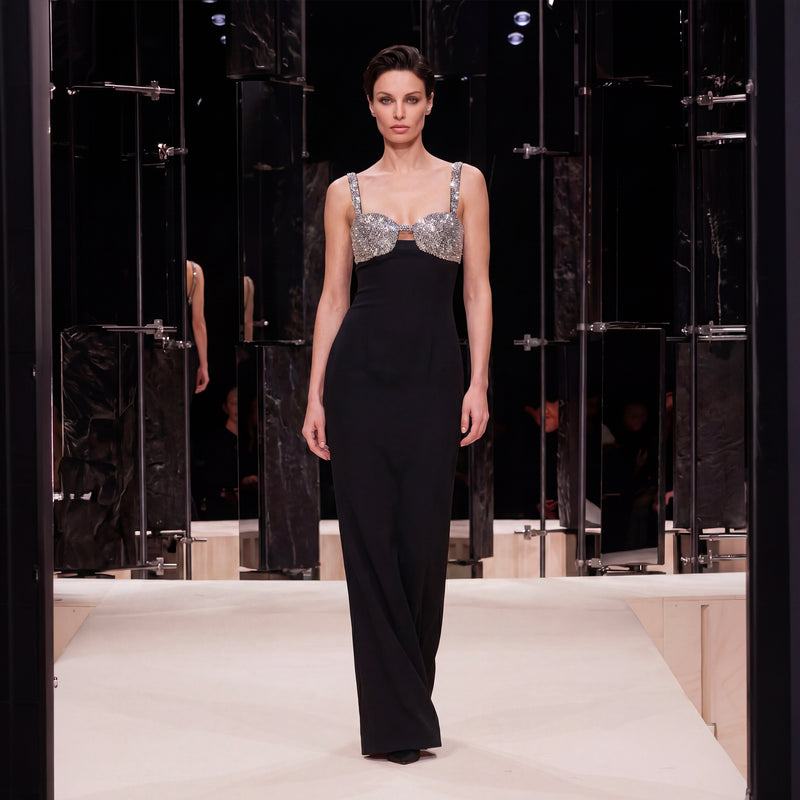 Long black jersey dress with crystals