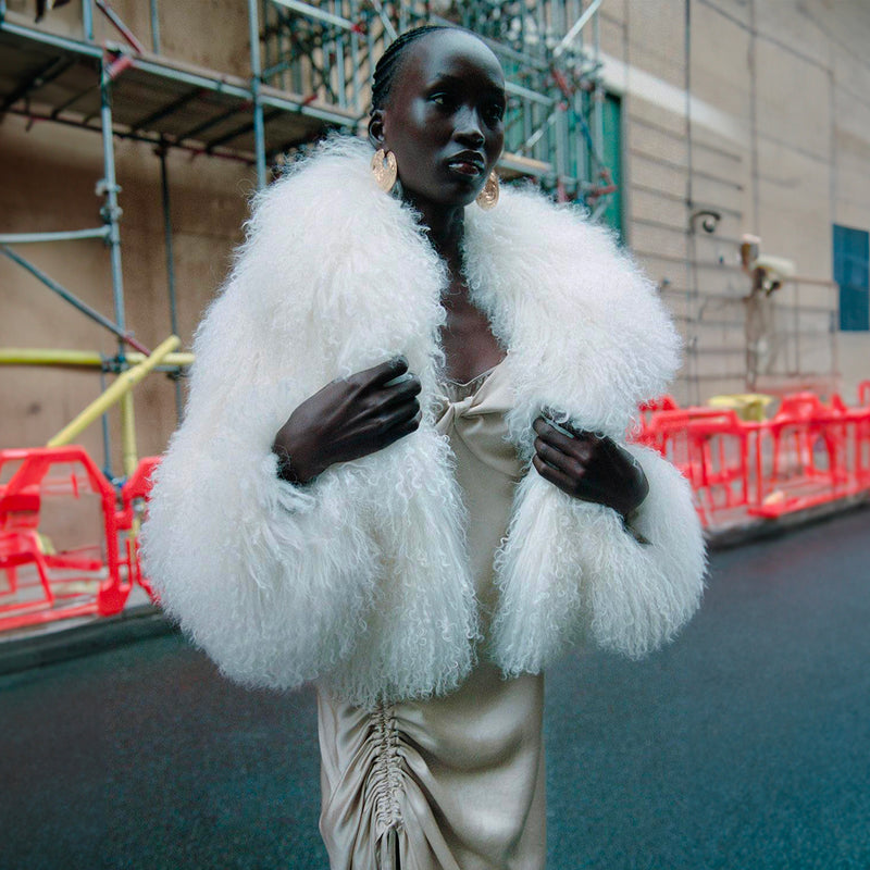 White furry shearling coat