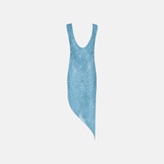 Abito midi asimmetrico con scollo drappeggiato in maglia di cristalli acquamarina