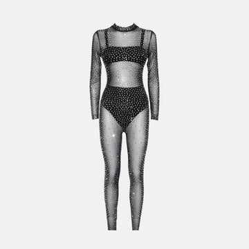 Black crystals mesh jumpsuit