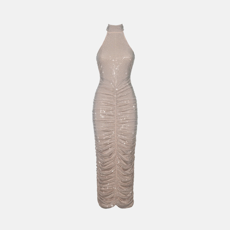 Nude draped crystals midi dress