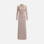 Champagne crystal-embellished cut-out jersey long dress