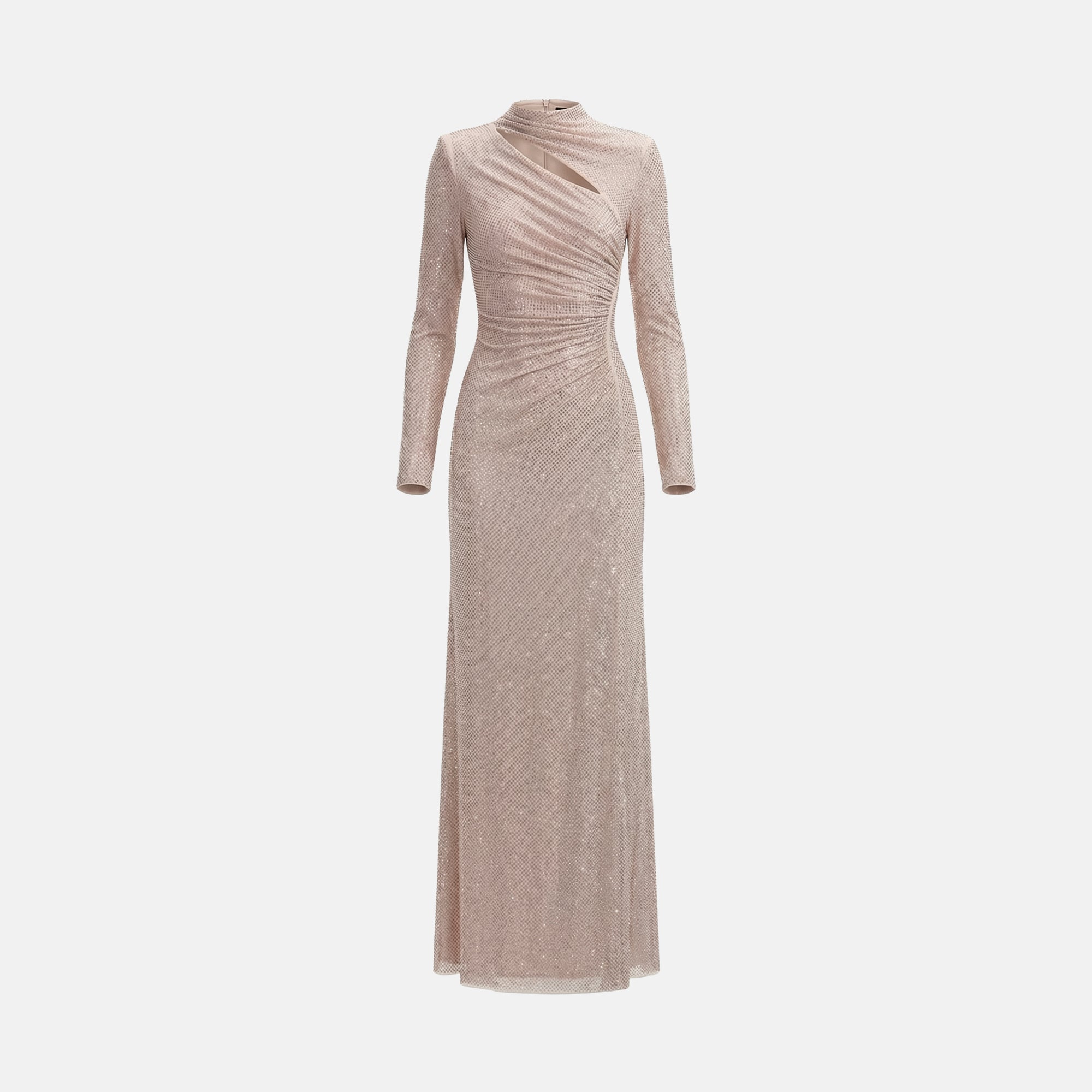 Abito lungo con cut-out in jersey di cristalli champagne