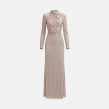 Abito lungo con cut-out in jersey di cristalli champagne