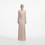 Champagne crystal-embellished cut-out jersey long dress